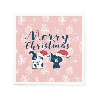 Cute Santa Dog & Cat Illustration Christmas Paper Napkins
