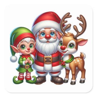 Cute Santa, Elf and Reindeer Christmas  Square Sticker