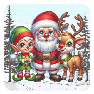Cute Santa, Elf and Reindeer Christmas  Square Sticker