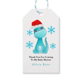 Cute Santa Teal Dinosaur Baby Shower Thank You Gift Tags