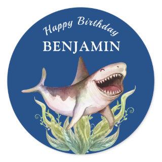 Cute Shark Boys Blue Birthday Party Favor Classic Round Sticker