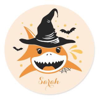 Cute Shark Halloween Witch Custom Name Classic Round Sticker
