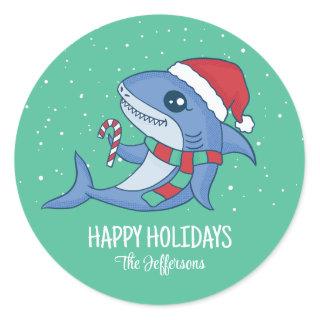 Cute Shark Santa Christmas Snowy Winter Holiday Classic Round Sticker