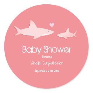Cute Sharks Solid Pink Background | Baby Shower Classic Round Sticker