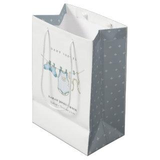 Cute Simple Aqua Blue Boy Clothesline Baby Shower Medium Gift Bag