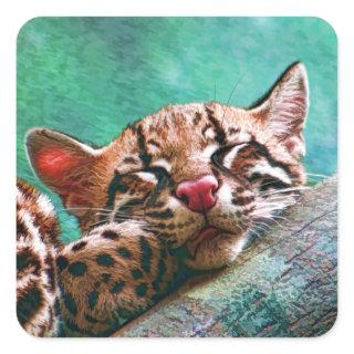 Cute Sleeping Baby Ocelot Kitten Square Sticker