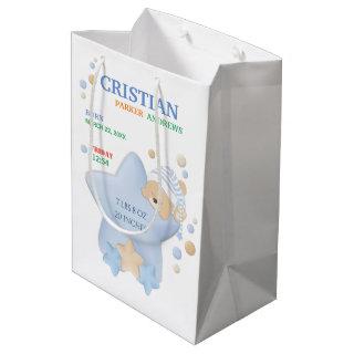Cute Sleeping Teddy Bear Baby Boy Birth Stats Medium Gift Bag