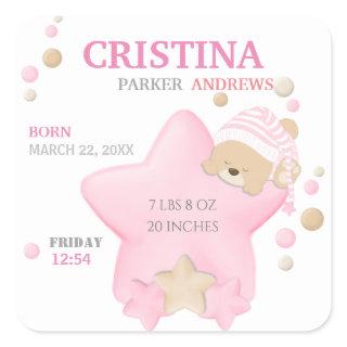 Cute Sleeping Teddy Bear Baby Girl Birth Stats Squ Square Sticker
