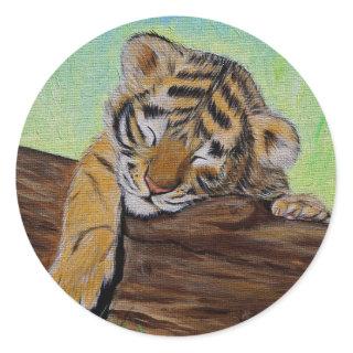 Cute Sleeping Tiger Cub Painting Classic Round Sticker