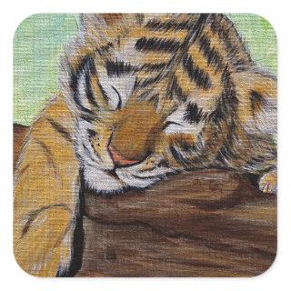 Cute Sleeping Tiger Cub Painting Square Sticker