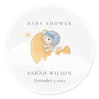 Cute Sleepy Blue Bear Over Moon Boy Baby Shower Classic Round Sticker