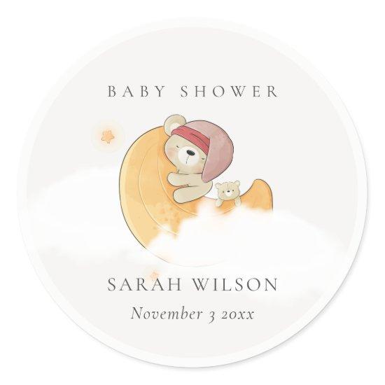 Cute Sleepy Pink Bear Over Moon Girl Baby Shower Classic Round Sticker