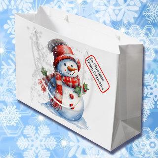 Cute Snowman Custom Name Tag Christmas Snow Large Gift Bag