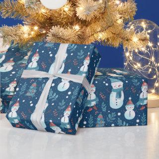 Cute Snowmen Greenery Snow Blue Christmas