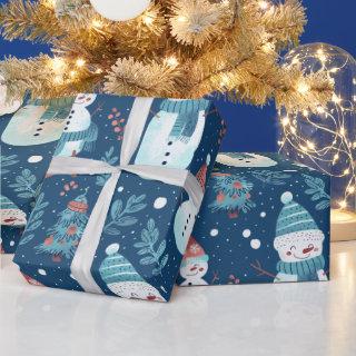 Cute Snowmen Greenery Snow Blue Christmas