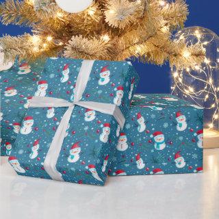 Cute Snowmen Greenery Snow Blue Christmas
