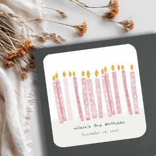 Cute Soft Pastel Pink Watercolor Birthday Candles Square Sticker