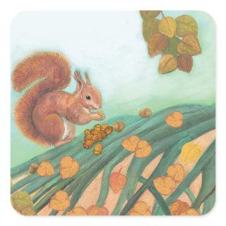 Cute Squirrel Eating Hazelnut Illustration   Square Sticker