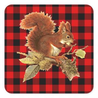 Cute Squirrel Red Black Buffalo Check Plaid Square Sticker