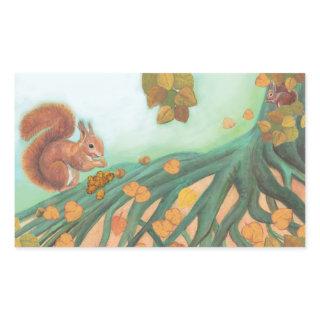 Cute Squirrels Eating Hazelnuts Illustration   Rectangular Sticker