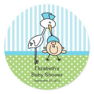 Cute Stork Baby Boy Baby Shower Classic Round Sticker