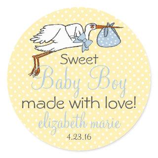 Cute Stork Yellow and Blue Baby Shower Guest Favor Classic Round Sticker