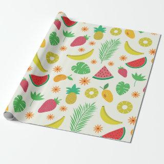 Cute summer fruits and tropical leaves pattern