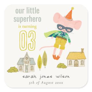 Cute Superhero Mouse Fun Kids Photo Birthday Square Sticker