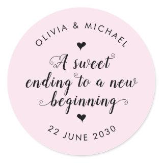 Cute Sweet Ending New Beginning Wedding Blush Pink Classic Round Sticker