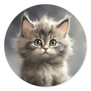 Cute Tabby Cat Green Eyes Portrait  Classic Round Sticker