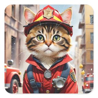 Cute Tabby Cat in Firefighter Uniform Watercolor Square Sticker