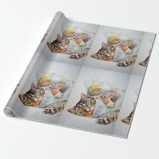 Cute Tabby Cat Playing Art Watercolour Wrapping