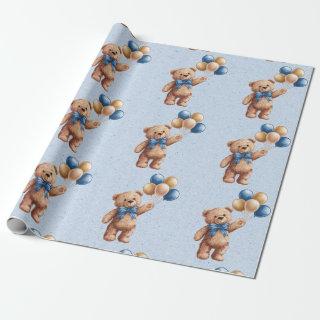 Cute Tan Teddy Bear with Balloons Boy Baby Shower