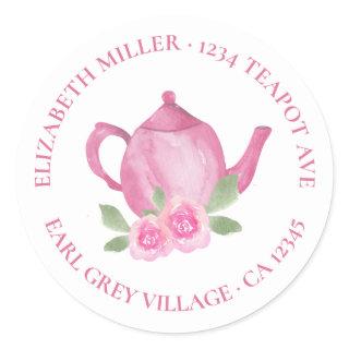 Cute Teapot Pink Watercolor Return Address Classic Round Sticker