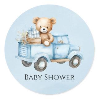 Cute Teddy Bear Blue Vintage Truck Baby Shower Classic Round Sticker