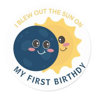 Cute Total Solar Eclipse First Birthday  Moon Sun Classic Round Sticker