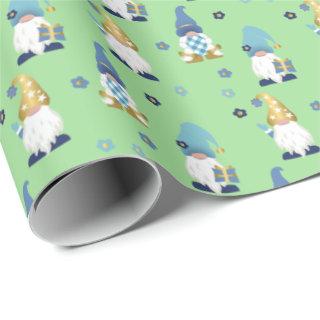 Cute Trendy Gnomes Green Blue Flowers Gingham
