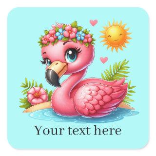 Cute tropical pink flamingo  square sticker