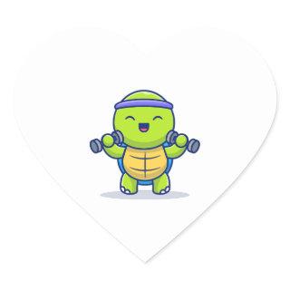 Cute Turtle Lifting Dumbbells Cartoon Illustration Heart Sticker