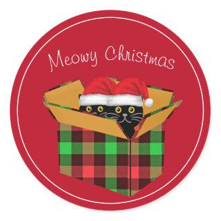 Cute Two Black Cats In Box Meowy Christmas Classic Round Sticker