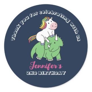 Cute Unicorn Dinosaur Kids Birthday Party Favor Classic Round Sticker