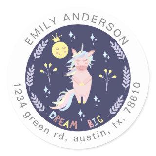 Cute unicorn dream big navy blue return address classic round sticker