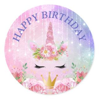 Cute Unicorn Face & Pink Flowers Birthday Classic Round Sticker