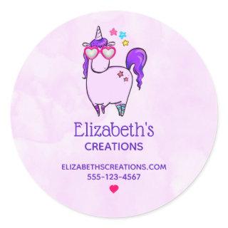 Cute Unicorn in Heart Shaped Glasses Business Classic Round Sticker