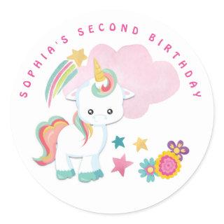 Cute Unicorn Name 2nd Birthday Party White Classic Round Sticker