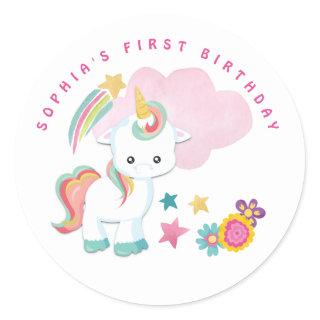 Cute Unicorn Name First Birthday Party White Classic Round Sticker