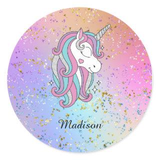 Cute Unicorn Ombre Rainbow Glitter Sparkle Classic Round Sticker