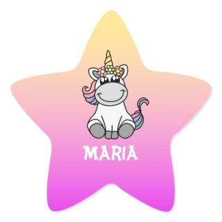 Cute Unicorn Rainbow Gradient Personalized Name Star Sticker