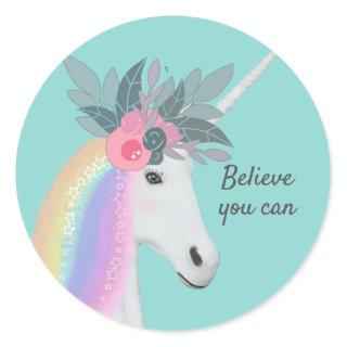 Cute Unicorn Rainbow Pastel Believe You Can Classic Round Sticker
