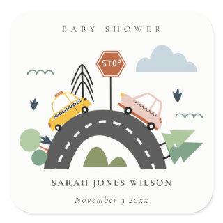 Cute Urban Vehicle Cars Road Cityscape Baby Shower Square Sticker